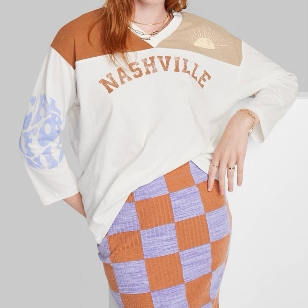 Ascot & Hart Nashville Graphic Baseball T-Shirt 3/4 Sleeve • Off White